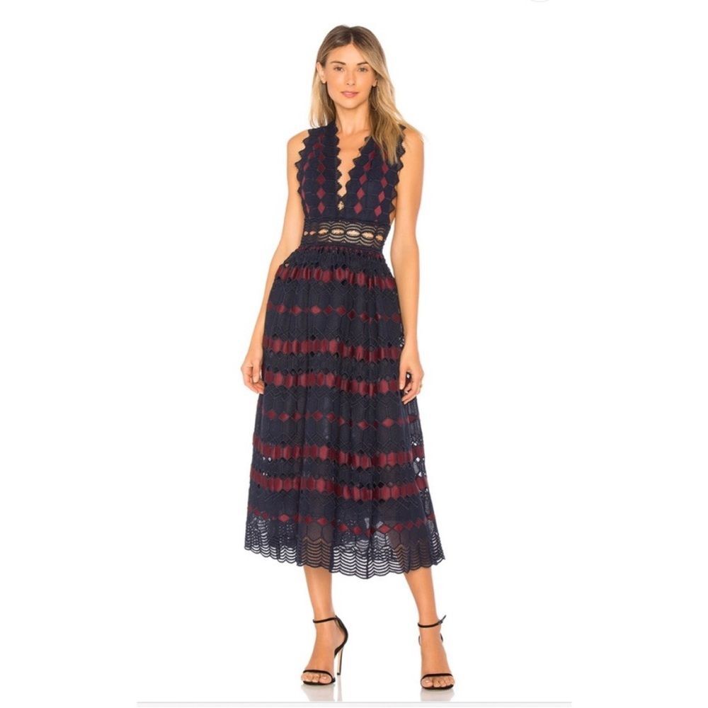 X by NBD Adalynn Navy Burgundy Striped Crochet Lace Midi Dress Size Medium